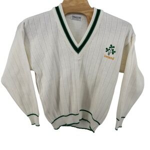 Swallow Men White Ireland Shamrock Embroidered V Neck Sweater Size L